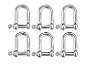 Zes gegalvaniseerde D-ringen op een witte achtergrond.