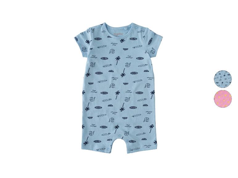 Blauwe baby romper met surf- en palmbomenprint, met stofstalen.