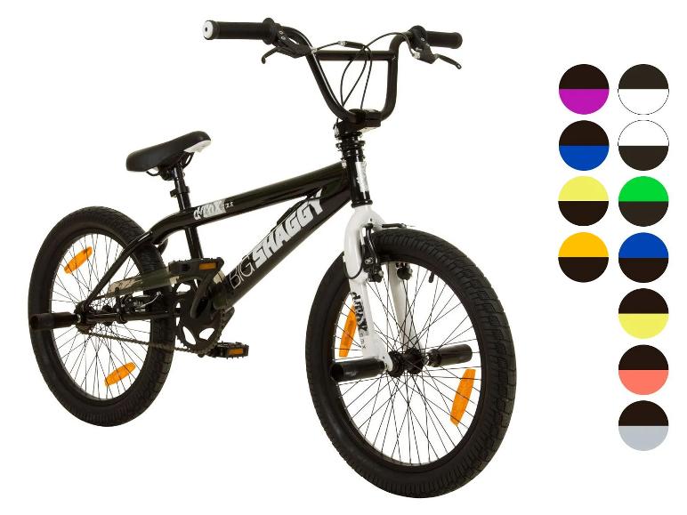 Zwart-witte Big Shaggy BMX-fiets met 20-inch wielen en kleuropties.