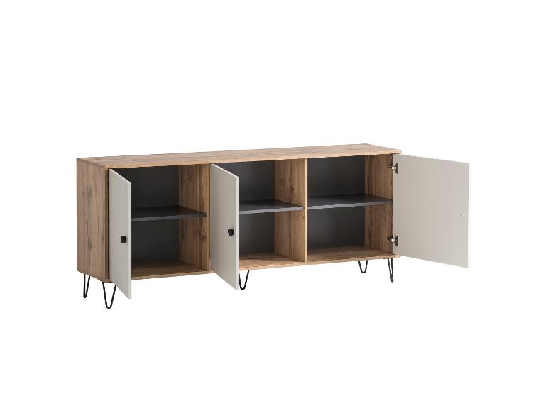 Houten en grijs dressoir met zwarte haarspeldpoten, deuren open