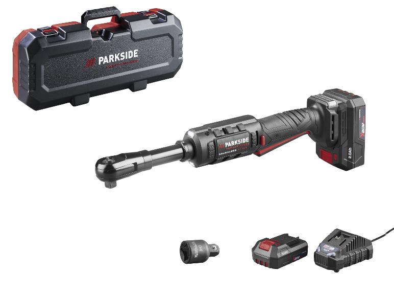 Accu-ratelsleutelset met koffer, accu, oplader en adapter.