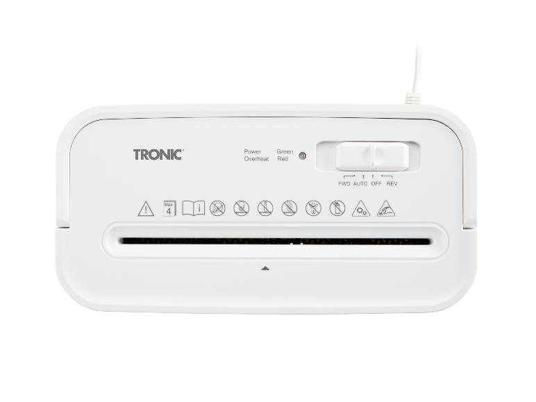 Witte Tronic papierversnipperaar met bedieningselementen en veiligheidspictogrammen.