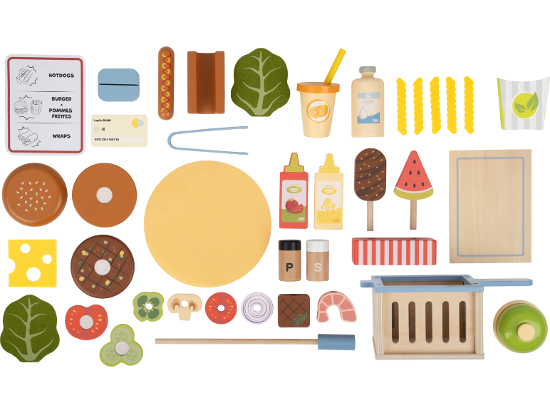 Houten speelgoed fastfoodset met hamburgers, frietjes en accessoires.