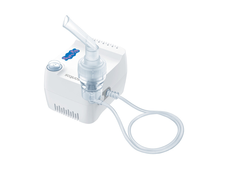 Een witte compressor-nevelspuit met Pepp Pig-thema en een slang.