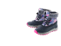 Kindersnowboots met blauw-roze bloemenprint en fuchsia zool.