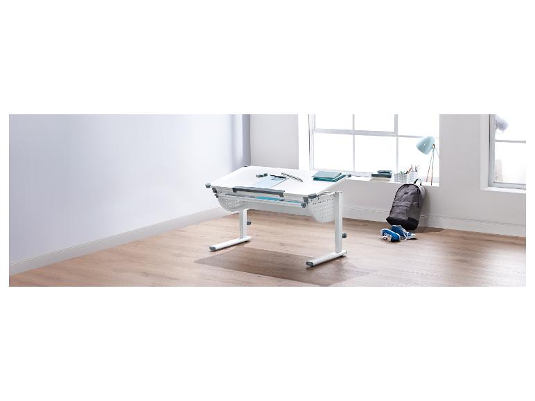 Verstelbaar kinderbureau met opbergvakken.