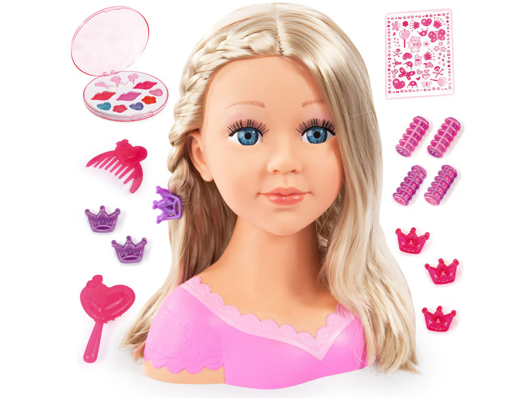 Een blonde pop met make-upset, haaraccessoires en stickers.
