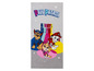 Een grijze badhanddoek met Paw Patrol-thema, met Chase, Marshall en Skye.
