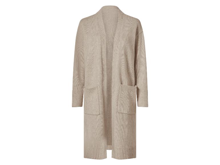 Beige lang gebreid vest met open voorkant en zakken