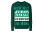 Een groene kersttrui met de tekst 'Holly Jolly Merry Xmas'.