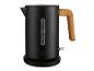 Zwarte waterkoker met houten handvat en waterniveau-indicator