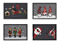 Kerstmatten met ontwerpen van kabouters, notenkrakers, de Kerstman, rendieren en een hond.