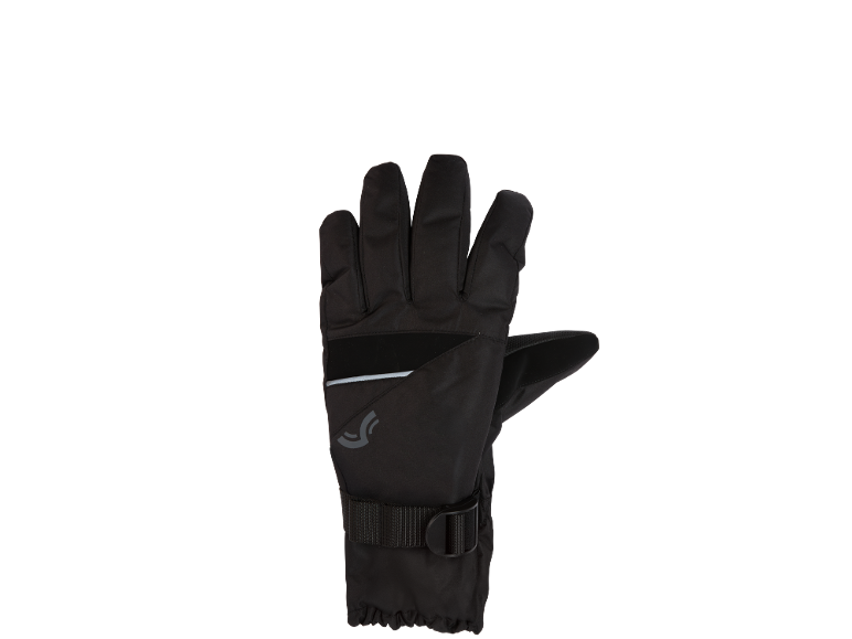 Zwarte winterhandschoen met verstelbare band en reflecterende details.