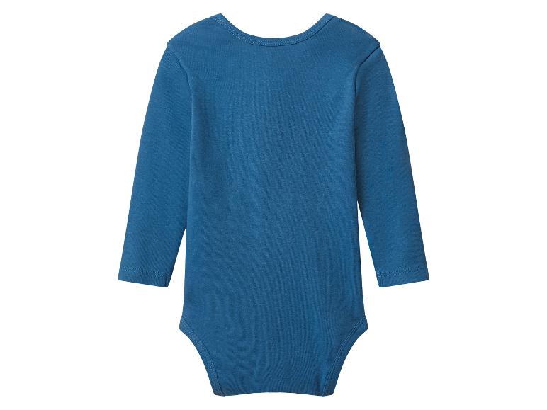 Blauwe katoenen baby romper met lange mouwen, achterkant.