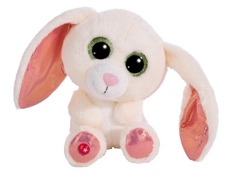 Krijtwit knuffelkonijn met roze accenten, grote glimmende ogen.