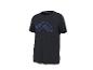 Zwart T-shirt met een blauw grafisch ontwerp op de borst.