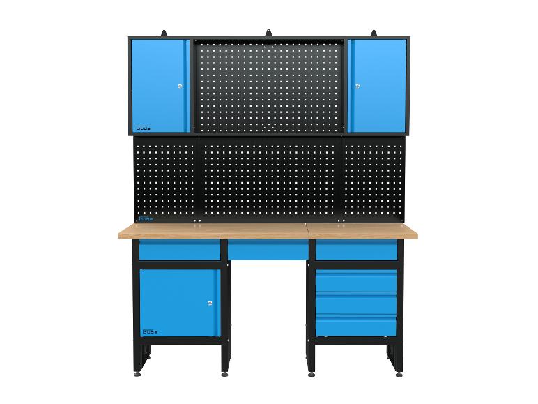 Gude werkbank met geperforeerd paneel en laden.