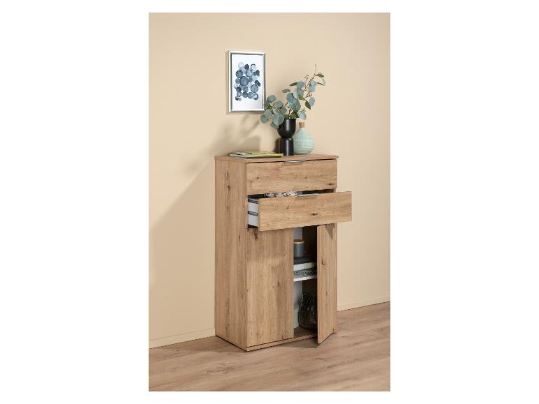 Modern houten meubilair met twee laden en deuren.
