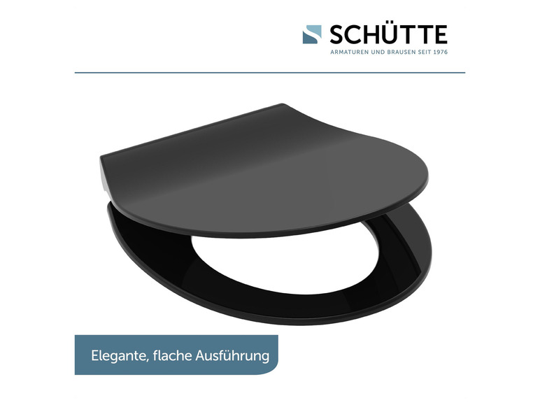 Een zwarte, platte toiletbril van Schütte.