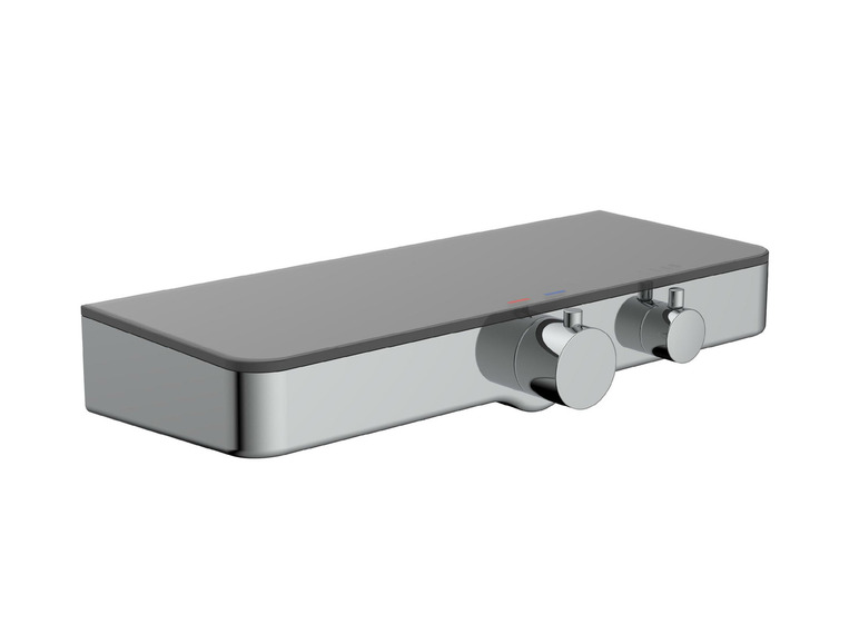 Een chromen thermostaatkraan met twee knoppen voor de douche.