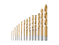 Set gouden boorbits, gesorteerd op maat.