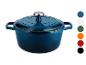 Blauwe gietijzeren braadpan met deksel en kleurkeuzes