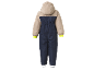 Kinder skipak in beige en donkerblauw met gele manchetten en capuchon.