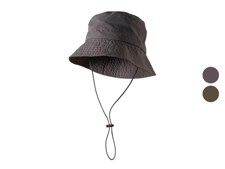Donkergrijze vissershoed met verstelbaar kinbandje en kleurstalen.