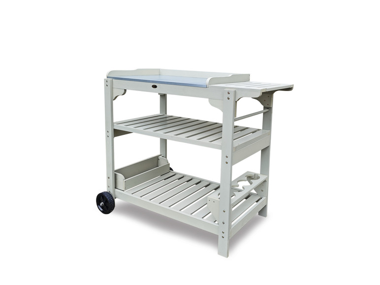 Wit houten serverenwagen met een werkblad, rekjes en wielen.