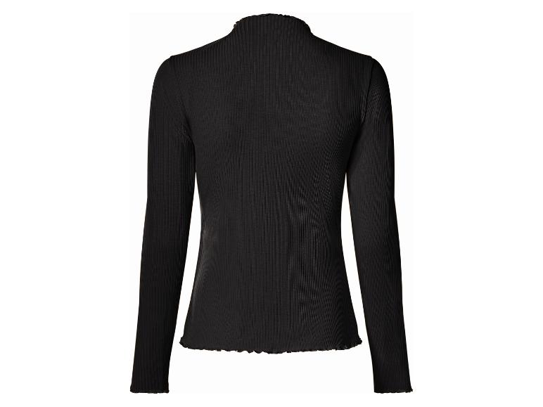 Zwarte geribbelde top met lange mouwen, colkraag en golvende zoom.