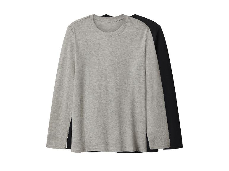 Twee shirts met lange mouwen, één grijs en één zwart, op elkaar gestapeld.