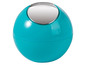 Een turquoise ronde prullenbak met een zilveren deksel.
