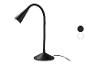 Zwarte LED-bureaulamp met flexibele arm en ronde voet, met zwarte en witte kleuropties.