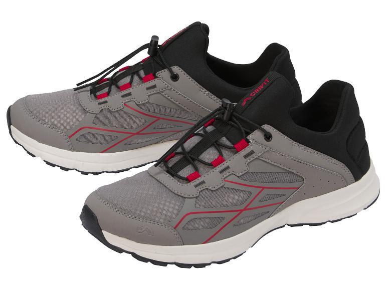 Grijze sportschoenen met rode details en elastische veters