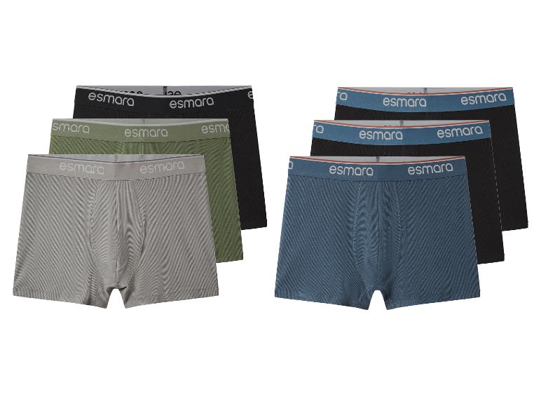 Zes Esmara boxershorts in diverse kleuren: grijs, olijfgroen, zwart en blauw.