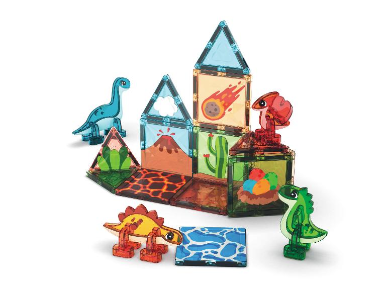 Magnetische tegels set met dinosaurusfiguren, vulkaan, cactus en dinosauruseieren.