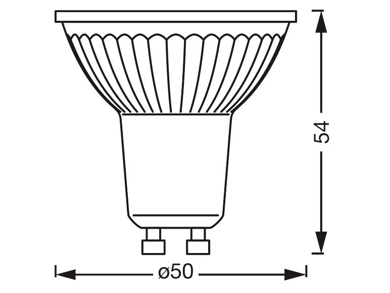 Technische tekening van een gloeilamp met afmetingen: hoogte 54 mm, diameter 50 mm.