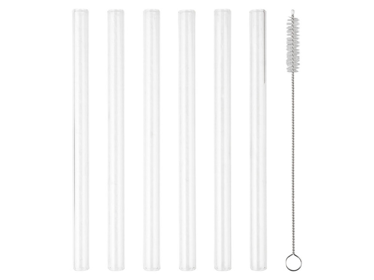 Set van zes glazen rietjes met een reinigingsborstel.