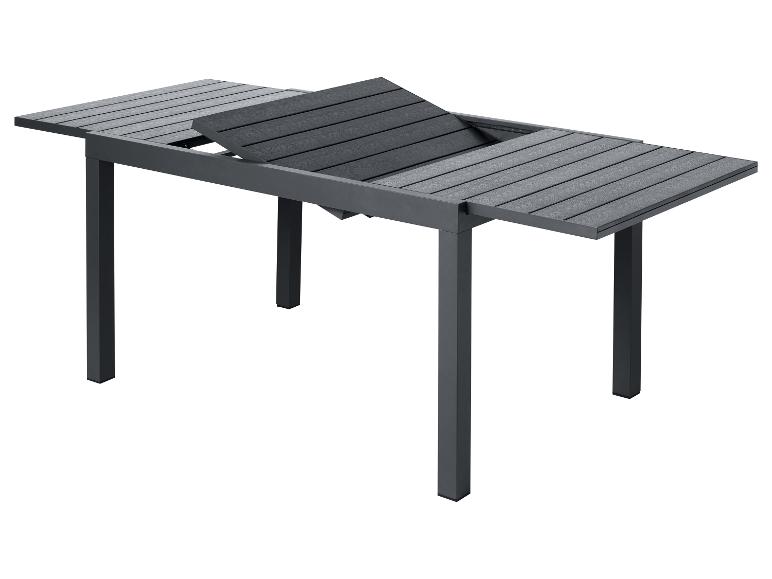 Uitschuifbare tuintafel met een donkergrijs lattenblad en een metalen frame.