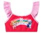 Rode bikinitop met roze ruches, puppyprint en regenboog met de tekst 'BE HAPPY'.