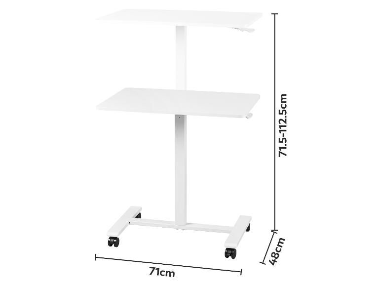 Witte mobiele in hoogte verstelbare tafel (71,5-112,5 cm) met twee bladen, 71 cm breed en 48 cm diep.