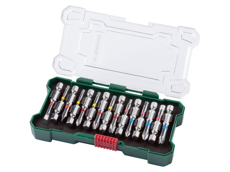 Een set schroevendraaierbits van Parkside in een groene doos.