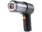 Zwarte handstofzuiger met zichtbaar filter en oranje knop.
