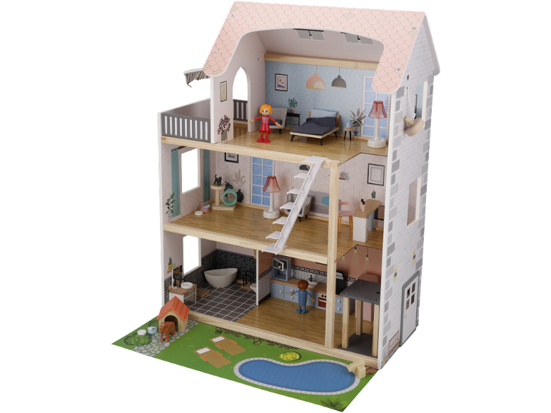Groot houten poppenhuis met zwembad, meubels en figuren.