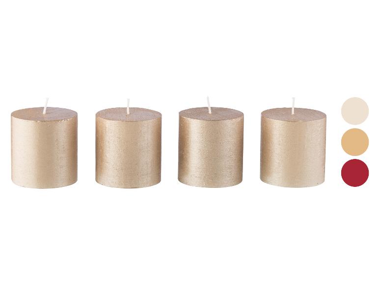 LIVARNO® Stumpenkerzen Rustik, 4 goudkleurige stompkaarsen met kleurstaaltjes