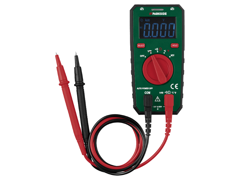 Digitale multimeter met rode en zwarte meetsnoeren, toont '0.000 V'.