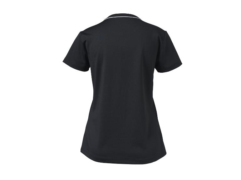 Zwart T-shirt met korte mouwen en witte bies rond de kraag, achteraanzicht.