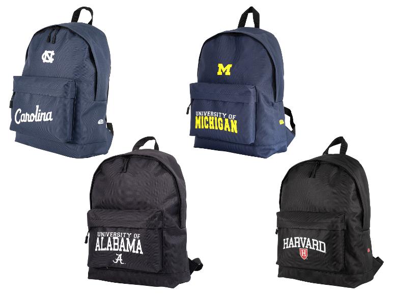 Vier rugzakken met universiteitsthema: North Carolina, Michigan, Alabama en Harvard.