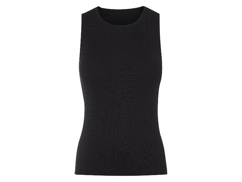 Zwart geribd top, zonder mouwen.
