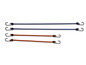 Vier bungee cords met haken in verschillende kleuren.